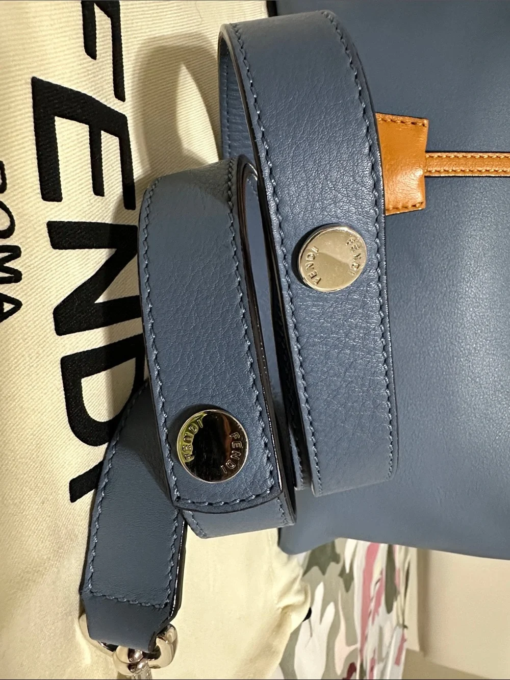 Fendi Blue Leather Satchel with Tan Accent